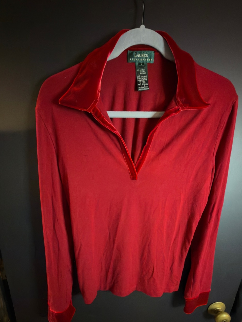 Lauren Ralph Lauren Deep Red Knit Long Sleeve Shirt With Velour Trim